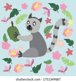 Funny lemur with tropical fruit in the background. Performed in a vector. Flat illustration will be useful for decorating different objects.