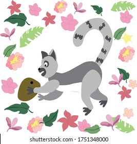 Funny lemur with tropical fruits on a white background. Performed in a vector. Applicable in many areas. 