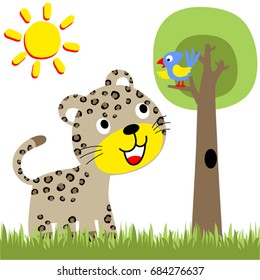 Funny leopard with bird on a tree, vector cartoon illustration