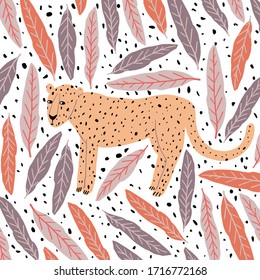Funny Leopard And Colorful Leaves. Isolated On White Background. Wild Cat In Jungle. Cute Animal Drawing. Spotted Jaguar. Doodle Drawn By Hand. Stock Vector Illustration.