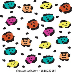 Funny leopard fur pattern with faces. Colorful abstract print with emotional countenance. Doodle simple hand drawn heads as jaguar ornament. Trendy vector illustration for textile. 