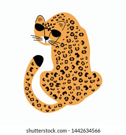 Funny leopard with glasses. Vector illustration for printing on fabric, packaging paper, bed linen, Wallpaper. Cute baby background.