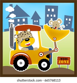Funny leopard with mice on construction vehicle, vector cartoon illustration