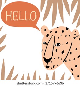 Funny Leopard se asomó y dijo "Adiós".  Copie espacio para el texto. Animales salvajes en la selva. Diseño dibujado a mano para volante, banner, tarjeta, afiche. Ilustración vectorial de material.
