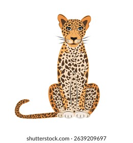 Funny leopard in sitting pose isolated. Children cute animal vector illustration. African wildlife. Big cat panther.