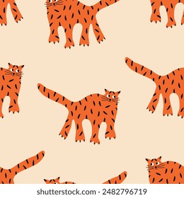 Funny leopards hand drawn vector illustration. Cute cat seamless pattern for kids fabric or wallpaper.