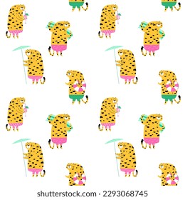 Funny leopards on the beach pattern. Vector isolated illustration.