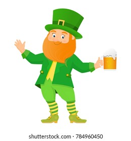 Funny leprechaun with beer. Isolated on white background. Cartoon style. Vector illustration