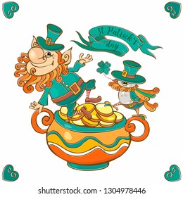 Funny leprechaun with a bird for St. Patrick's day. Vector. 