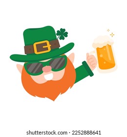 Funny leprechaun cartoon celebrating by drinking beer on Saint Patrick's Day.