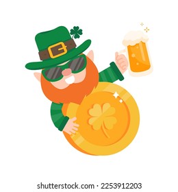 Funny leprechaun cartoon celebrating by drinking beer on Saint Patrick's Day.