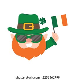 Funny leprechaun cartoon celebrating by drinking beer on Saint Patrick's Day.