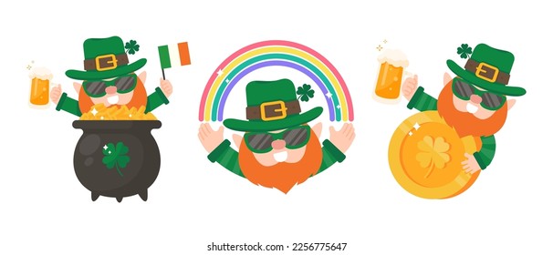 Funny leprechaun cartoon celebrating by drinking beer on Saint Patrick's Day.