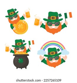 Funny leprechaun cartoon celebrating by drinking beer on Saint Patrick's Day.