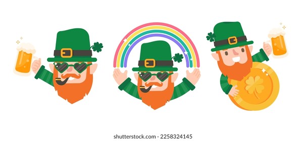 Funny leprechaun cartoon celebrating by drinking beer on Saint Patrick's Day.