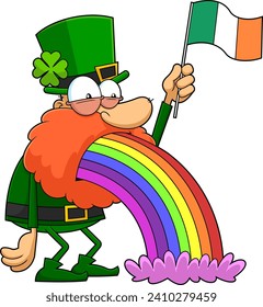 Funny Leprechaun Cartoon Character Throwing Up Rainbows And Waving An Irish Flag. Vector Hand Drawn Illustration Isolated On Transparent Background
