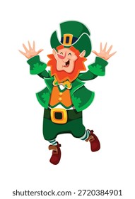 Funny leprechaun character with an orange beard, green suit and tall hat, leaping into the air with both hands raised. Cartoon personage of Irish folklore, fun and happy St Patrick day celebration