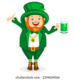 Funny leprechaun character for a party in honor of St. Patrick's Day. Cute gnome in green costume holding a glass of green beer. Vector illustration in cartoon style.