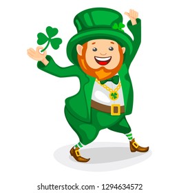 Funny leprechaun character for a party in honor of St. Patrick's Day. Cute gnome in green costume holding a green clover. Vector illustration in cartoon style.