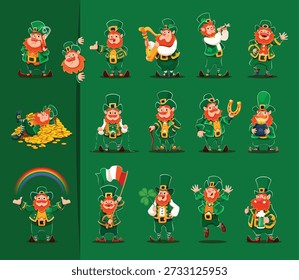 Funny leprechaun characters, happy st patricks day personages. Ireland folk holiday happy vector character. Saint Patrick cute leprechaun playing on harp, dancing, drinking ale and waving Irish flag