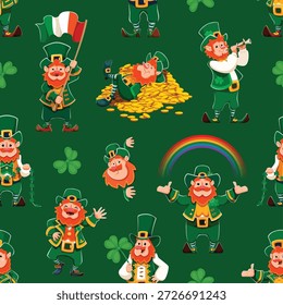 Divertidos personajes de duendes, día de San Patricio sin patrón. El diseño del Vector presenta elfos felices sosteniendo arco iris, tocando pipas y bailando. Personajes lindos del duende de la historieta para el partido irlandés
