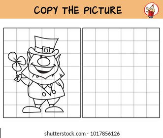 Funny leprechaun with clover leaf. Copy the picture. Coloring book. Educational game for children. Cartoon vector illustration