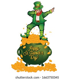 Funny Leprechaun Dab Vector Design T-Shirt Design.Gold Pot.Cartoon.Green costume.Vector illustration.