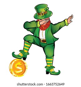 Funny Leprechaun Dab Vector Design T-Shirt Design.Gold Coin.Cartoon.Green costume.Vector illustration.