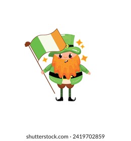 Funny leprechaun with flag of Ireland on white background. St. P