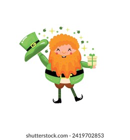 Gracioso leprechaun con regalo sobre fondo blanco. Día de San Patricio