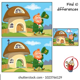 Divertido leprechaun va a dar un paseo. Encuentre 10 diferencias. Juego educativo para niños. Ilustración vectorial de dibujos animados