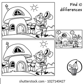 Funny leprechaun goes for a walk. Find 10 differences. Educational game for children. Black and white cartoon vector illustration