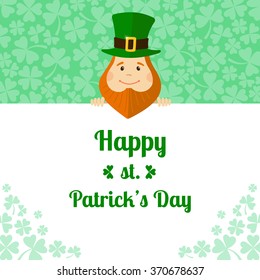 Funny Leprechaun holding banner. Saint Patrick's Day card. Vector illustration