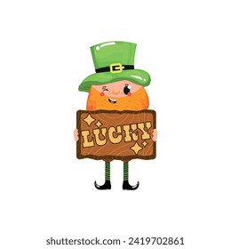 Funny leprechaun holding board with text LUCKY on white backgrou