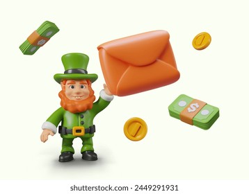 Funny leprechaun is holding giant envelope, wads of money are floating around
