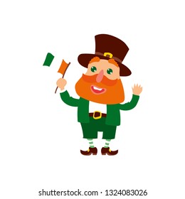 Funny leprechaun holding Ireland flag. Saint Patrick's Day. Vector illustration