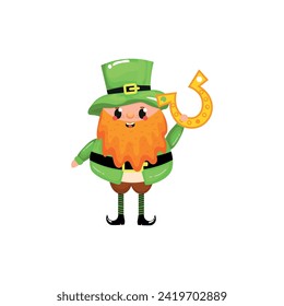 Funny leprechaun with horseshoe on white background. St. Patrick