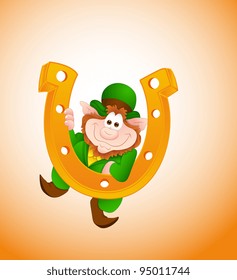 Funny Leprechaun with Horseshoe-St. Patrick's Day Cartoon Vector Illustration