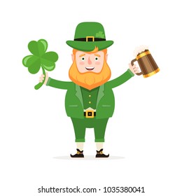 Funny leprechaun with a leaf of Shamrock and a mug of beer in his hands. St. Patrick's Day. Vector illustration in cartoon style isolated on white background