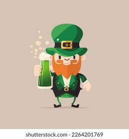 Funny Leprechaun Man Character Holding Beer Bottle On Dark Beige Background. St. Patrick's Day Concept.