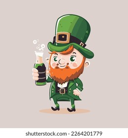 Funny Leprechaun Man Character Holding Beer Bottle On Beige Background. St. Patrick's Day Concept.