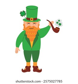 Funny leprechaun with smoking pipe and clover. Vector illustration of fairy tale character, traditional Irish culture for St. Patrick's Day. EPS 10