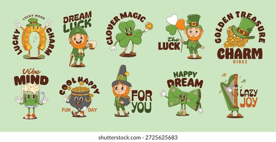 Engraçado leprechaun e St Patrick dia y2k groovy adesivos com trevos, cerveja verde, potes de ouro, trevos personagens brincalhões para cartões festivos, comemorando a cultura irlandesa e vibrações retro sorte