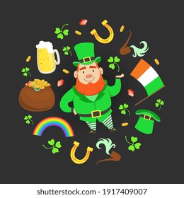 Funny Leprechaun and St. Patricks Day Symbols of Circular Shape, Traditional Irish Folklore National Character Vector Illustration