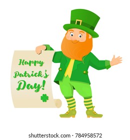 Funny leprechaun with text. Isolated on white background. Cartoon style. Vector illustration