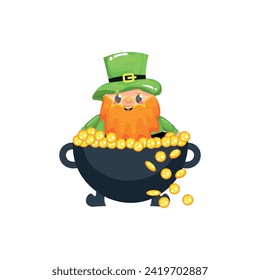 Funny leprechaun with treasure on white background. St. Patrick'