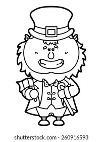 funny Leprechaun. Vector illustration coloring page of happy cartoon Leprechaun which is holding Irish flag for children and scrap book