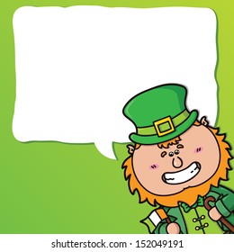 funny Leprechaun.vector festive card with kawaii Leprechaun which is holding irish flag