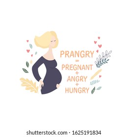 Funny lettering about pregnancy, vector cute illustration with pregnant woman