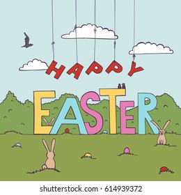 Funny lettering Happy Easter on landscape backdrop. Cartoon hand drawn concept. Nature background with trees, rabbits, eggs, birds, clouds, grass, holiday text. Festive colorful banner. Vector